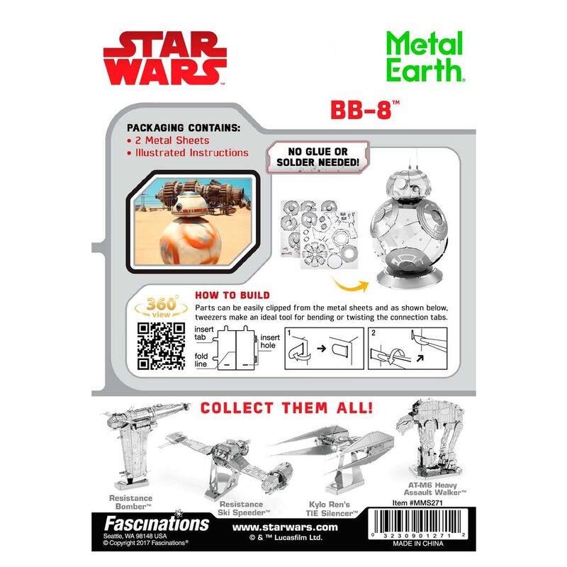 DA-5061271 MetalEarth: STAR WARS (EP7) BB8, modelo de metal 3D con 2 hojas, sobre tarjeta 12x17cm, 14+