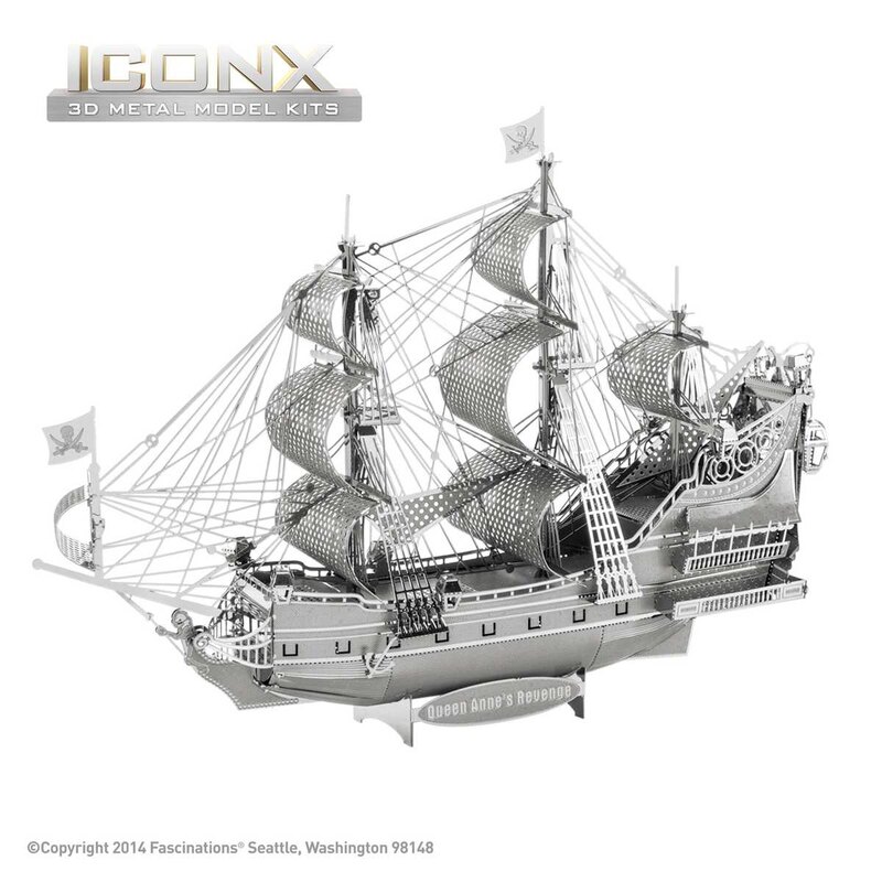 MetalEarth: ICONX - QUEEN ANNE'S REVENGE 10,7x4,3x15cm, modelo 3D metal con 2 hojas, en caja 13,5x22x2cm, 14+