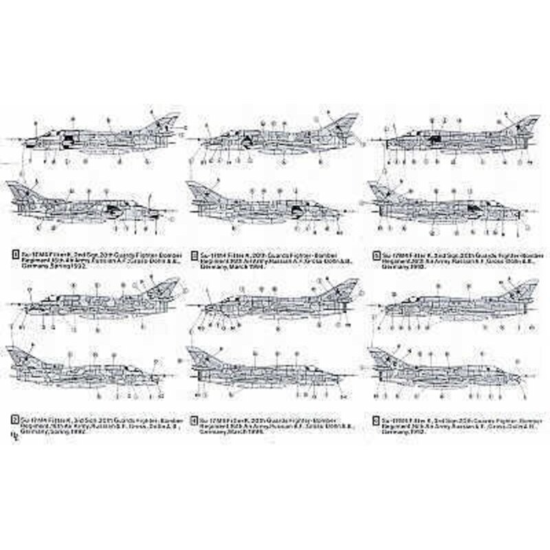 Sukhoi Su-17M4 Fitter K. (6) USSR All 20th Guards Fighter-Bomber Regt. 1992-94 in various camouflage schemes . Yellow 27 with sh