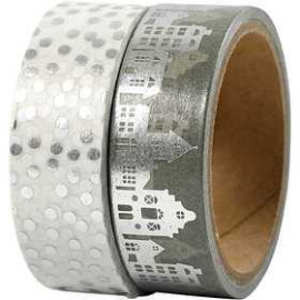 Adhesivos Washi tape, A: 15 mm, plata, casas y topos - metalizado, 2x4m