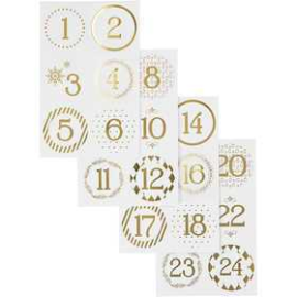 Pegatinas Números del calendario de Adviento, dia: 40 mm, hoja 9x14 cm, blanco, dorado, 4hoja