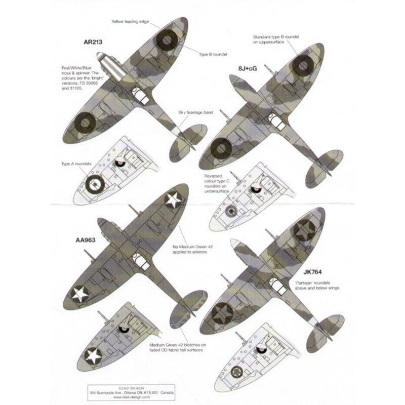 Oddball Supermarine Spitfire (4) Mk.I AR213 JZ-E 57 OUT 1942 with redwhite and blue stripes on nose Mk.IXe 8J-GG GC 11/7 French 