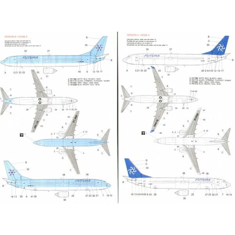 Boeing 737-800 FUTURA Air Lines 3 versions. EI-DND white fuselage blue fin EC-INP Blue fuselage and fin EC-JRL White fuselage wi