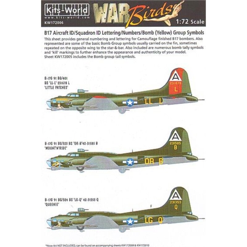 Boeing B-17F/Boeing B-17G Flying Fortress Aircraft ID/Squadron ID Lettering Yellow/Numbers Yellow/Bomb Group Symbols Mission Mar