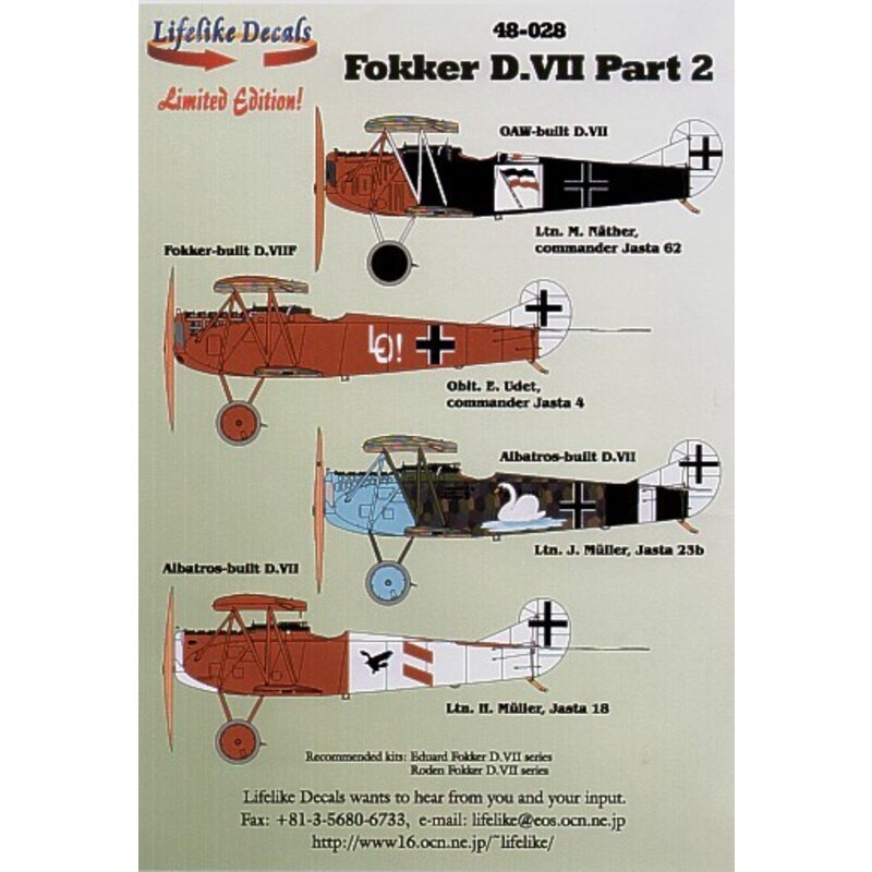 Fokker D.VII Pt 2 (4) Jasta 62 CO Lt.M.Mather black fuselage Jasta 4 CO Oblt E.Udet Jasta 23b Lt J.Muller white swan on fuselage