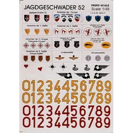 Jagdgeschwader 52 Group and Staffel badges and fighter code numbers in yellow outlined black and red .