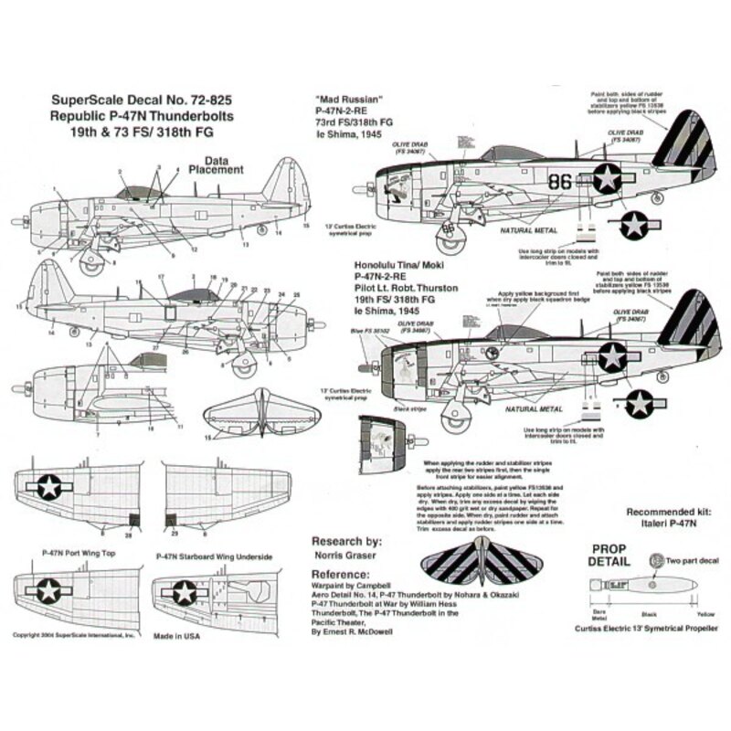 Republic P-47N Thunderbolt (2) No 86 73FS ′Mad Russian′ 19FS ′Honolulu Tina/Moki′ Lt Robt Thurston. Both 318FG yellow/black stri