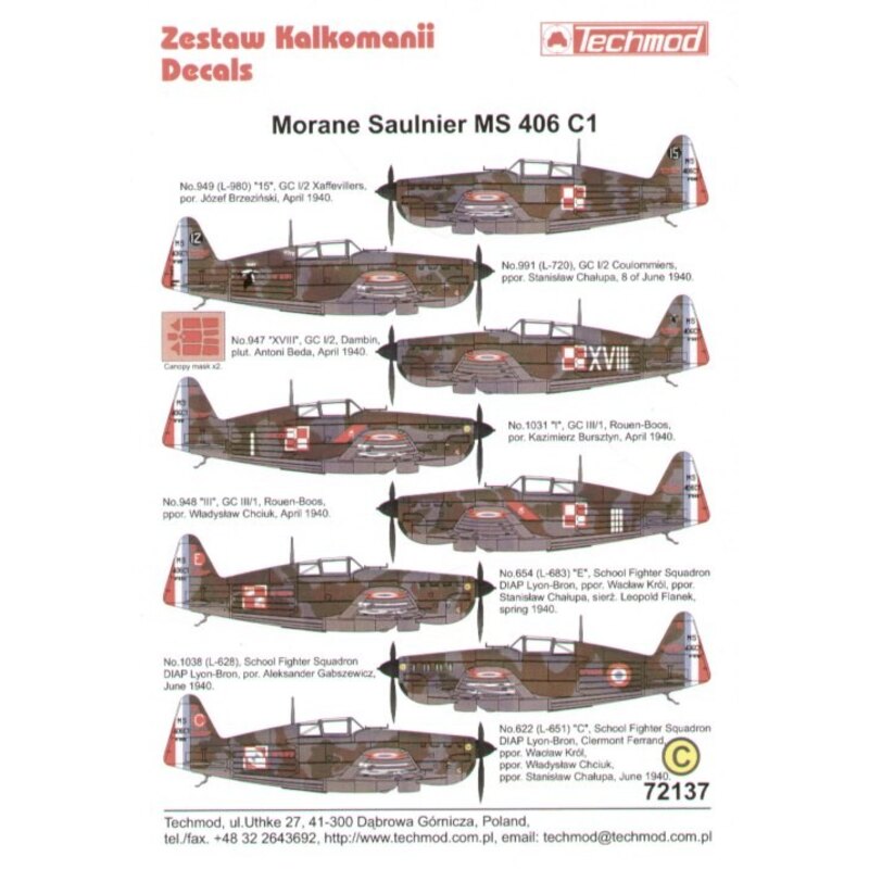 Morane Saulnier MS 406 C1 Armee d l′Air flown by Polish pilots 1940.(8) L980 GC 1/2 Josef Brzezinski L720 GC 1/2 S.Chalupa No 94