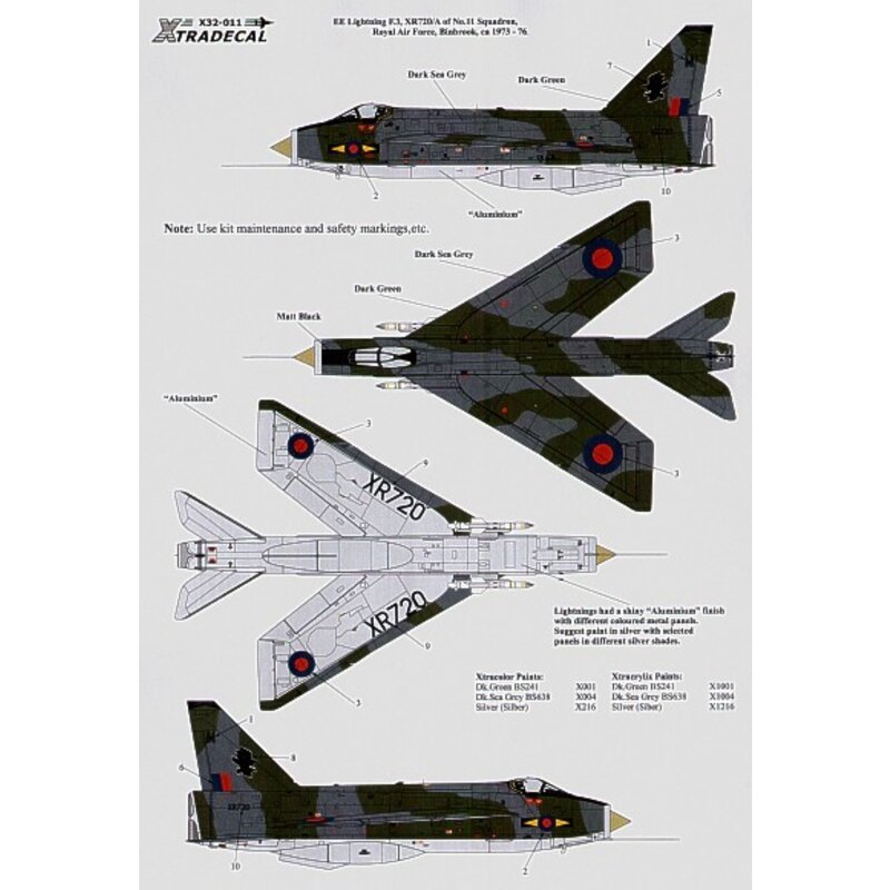 BAC/EE Lightning F.3 XR720/M 11 Squadron RAF Binbrook 1973-76. Green/Grey camouflage