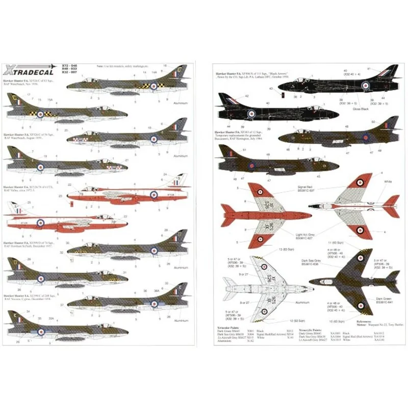 Hawker Hunter F.6 (7 Squadrons 4 a/c) XF383 12 Squadron wrap round camouflage XF526/C 56 Squadron C/63 Squadron 78/4 FTS RAF Val