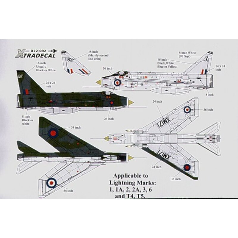 BAC/EE Lightning Customising decal. Includes underwing and fuselage serial letters and numbers fin code letters in black white y