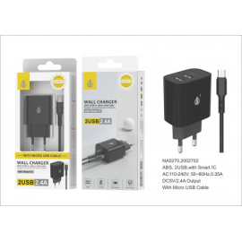 Cargador con cable micro USB - Smart IC - 2.4A - 2 puertos USB - Negro - NA0270