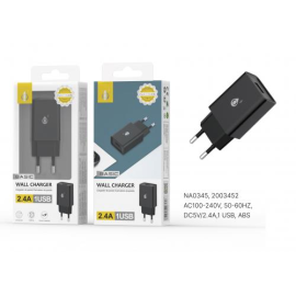 Cargador Sector Punta Sin Cable-2.4A-1 USB-Negro-NA0345 S. Básico
