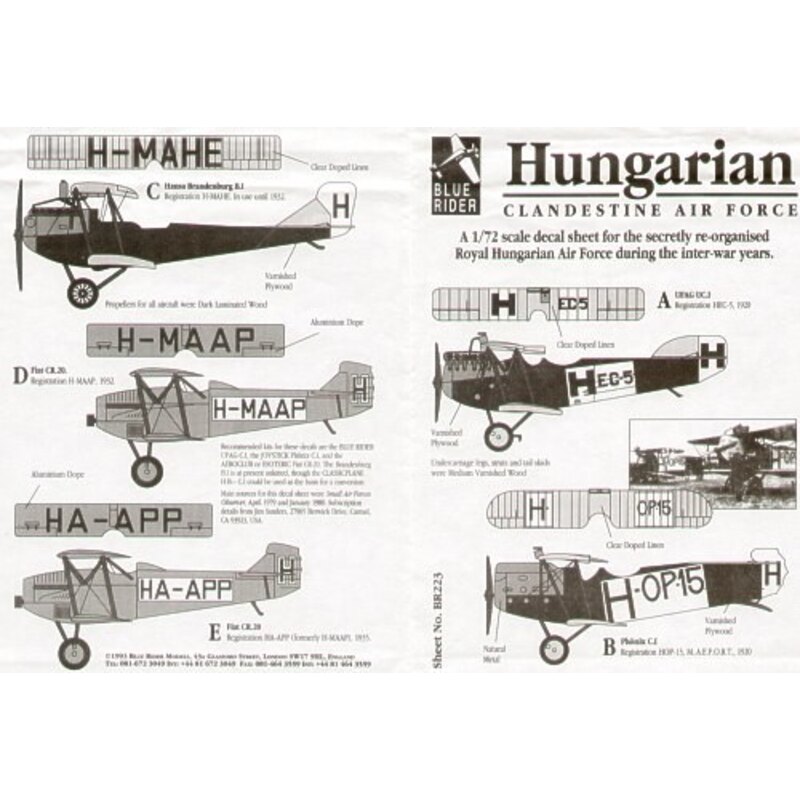 Hungarian Clandestine Air Force (5) UFAG UC.1 HEC-5 Phonix C.1 H-OP-15 Hansa Brandenburg B1 H-MAHE Fiat CR.20 H-MAAP HA-APP