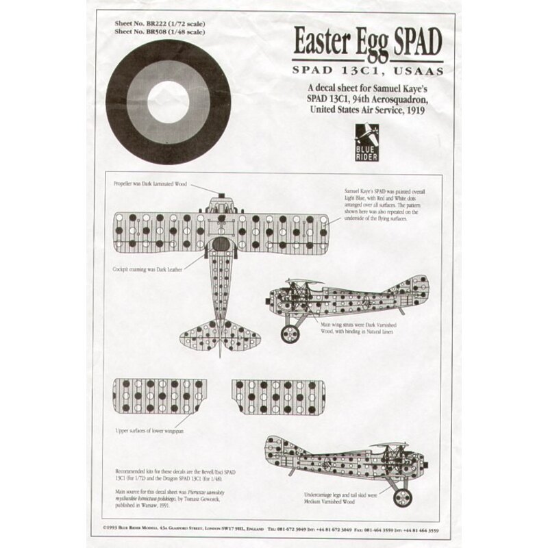 SPAD 13C (1) 94th Aerosquadron 1919 Samuel Kayes ′Easter Egg′ SPAD. Overall light blue with red and white dots