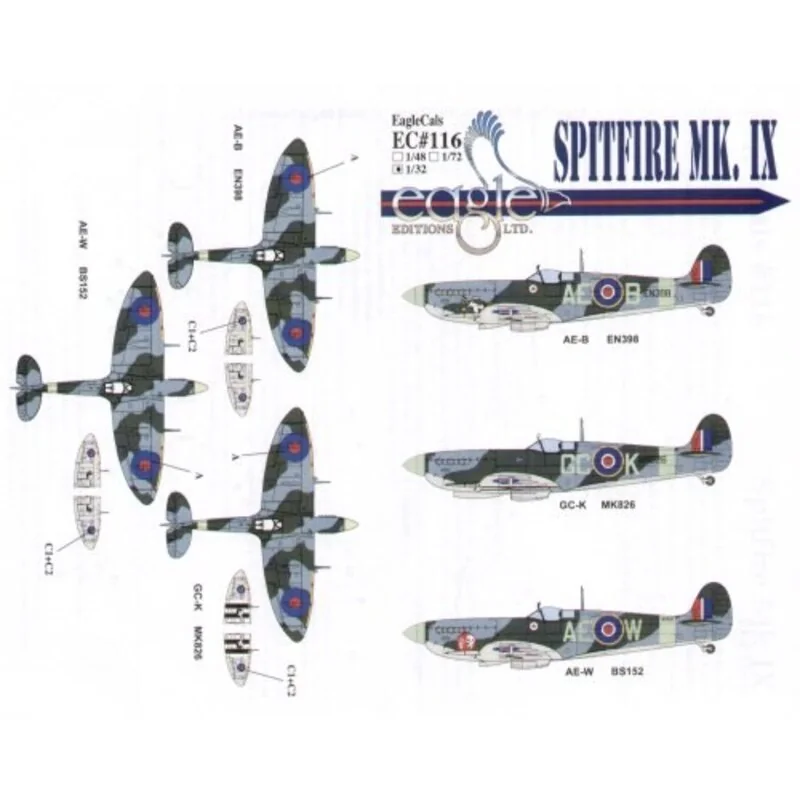 Supermarine Spitfire Mk.IX (3) BS152 AE-W 402 Squadron RCAF S/L L.M.Cameron MK826 GC-K 412 Squadron RCAF W/C George Keefer EN398