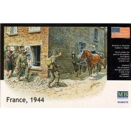 Figuras France 1944. Includes 3 x soldiers including 1 carrying child, 1 helping young lady, 1 cart, 2 horses and Nun.