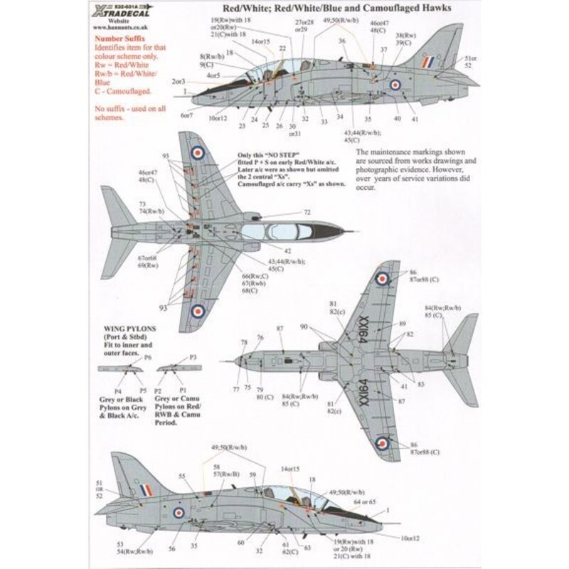 BAe Hawk T.1 Comprehensive Maintenance Marks for early Red/White/Blue and Camouflaged Dark Green/Dark Sea Grey. Sheet includes e