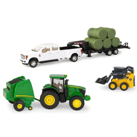 Set con empacadora JOHN DEERE 7230R y 569, 4x4, plataforma y minicargador 318G