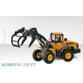 Miniatura Cargadora de ruedas KOMATSU WA 250 PT con recogedor de troncos, cucharón y horquillas