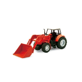 Tractor con cargador rojo.