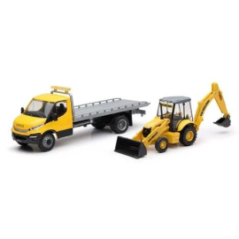 Miniatura Camión portavehículos IVECO con retroexcavadora B110C NEW HOLLAND