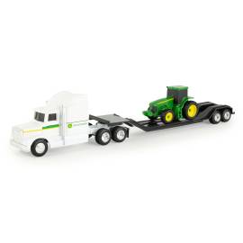 Miniatura Camión 6x4 blanco con portaequipos y tractor JOHN DEERE