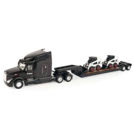 Miniatura PETERBILT 579 6x4 con plataforma baja de 2 ejes con dos cargadoras de ruedas BOBCAT S450