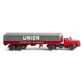 Miniatura Camión plataforma 4X2 Henschel Union Transport remolque 2 ejes