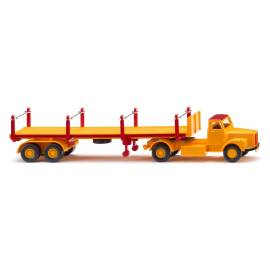 Miniatura SCANIA 4x2 con plataforma de carga 2 ejes amarillo y rojo