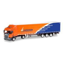 Miniatura SCANIA R13 HL 4x2 con transporte semicubierto de 3 ejes Leipziger