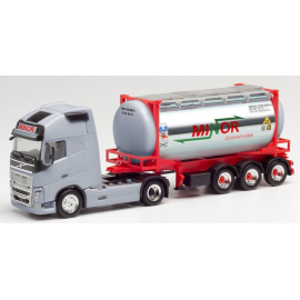 Miniatura VOLVO FH Gl. XL 4x2 con puerta de contenedor de 3 ejes y contenedor cisterna MENOR