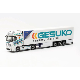 Miniatura MERCEDES BENS 4x2 Actros G con remolque GESUKO de 3 ejes blanco