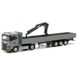 Miniatura IVECO S-Way ND 4x2 con remolque y grúa de carga 3 Ejes gris