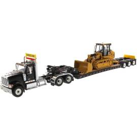 Miniatura Remolque para equipo pesado INTERNATIONAL HX520 6x4 negro y XL120 con toro CATERPILLAR 963K incluido