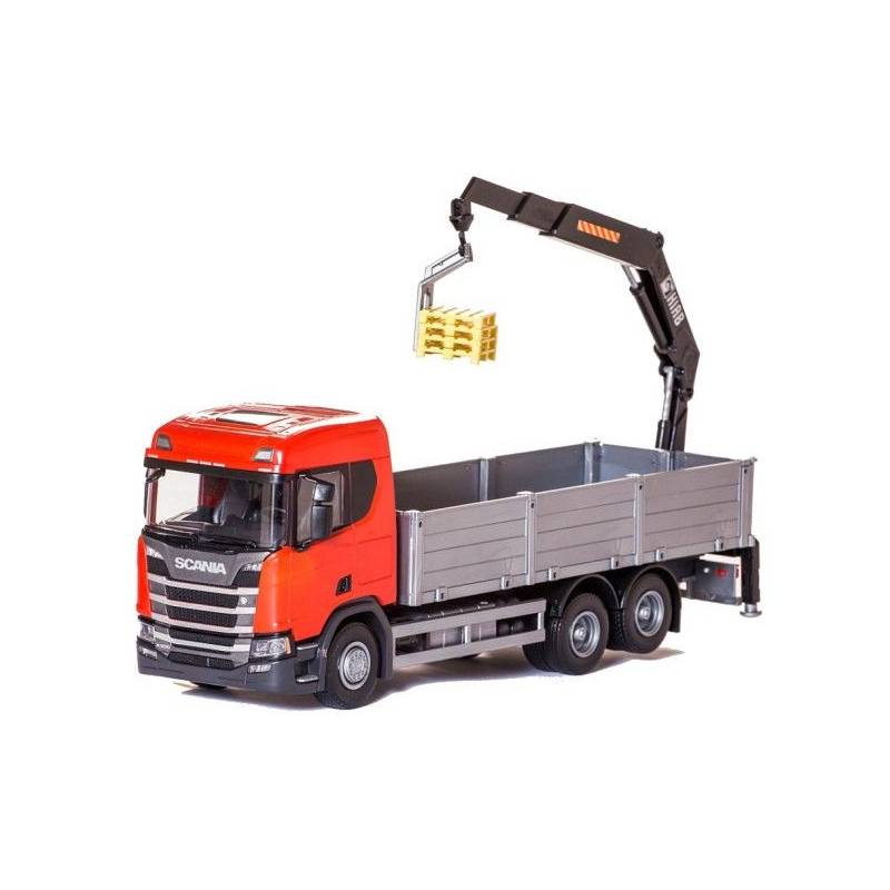 Miniatura SCANIA CR 500 6x4 roja con grúa de carga trasera HIAB