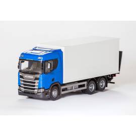 Miniatura SCANIA CR 6x4 azul con carrocería y portón trasero