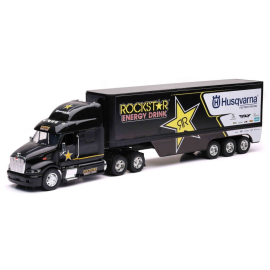 Miniatura PETERBILT 6x4 con remolque ROCKSTAR Husqvarna de 3 ejes