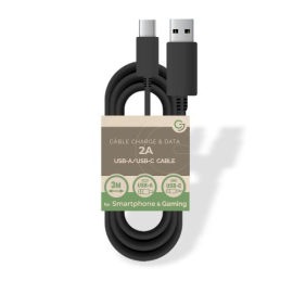  USB A/USB C 5V/2A charge/data cable - 3m - Bulk - Black