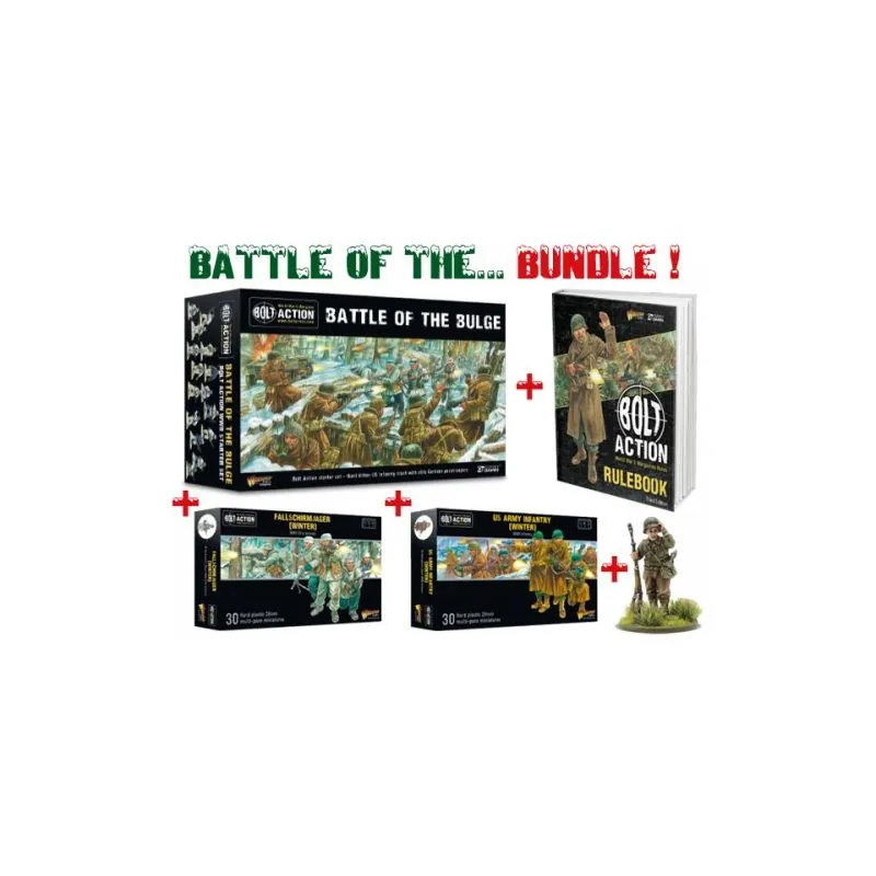 Juego de figura Battle of the Bulge Bundle (6x Starter-Set, 6x Rulebooks incl. Book Figure, 6x Fallschirmjager Winter and 6x US