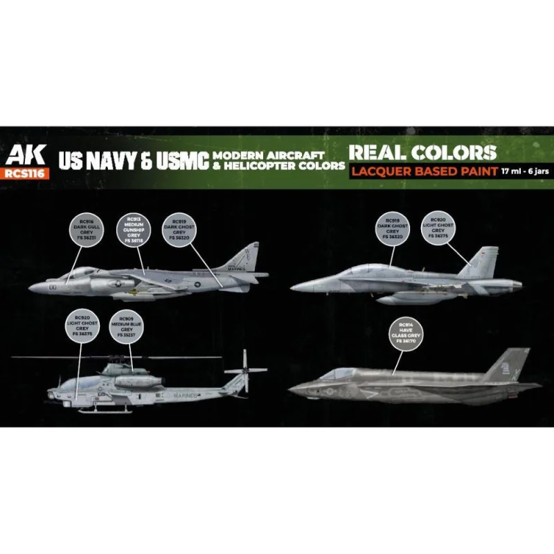 Pintura acrílica para maquetas AK INTERACTIVE: Real Colors US Navy&USMC Modern Aircraft&Helicopter Colors SET