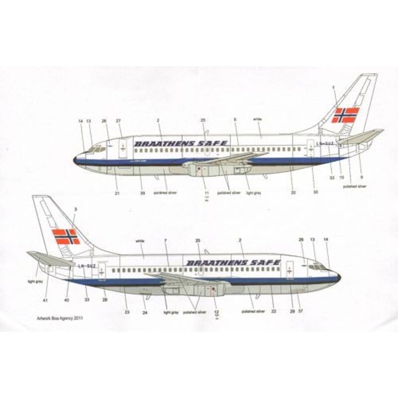 Braathens SAFE Boeing 737-200 LN-SUZ with VASP cheatline and YS-08-C in TACA colours. Includes cockpit windows for both Airfix a