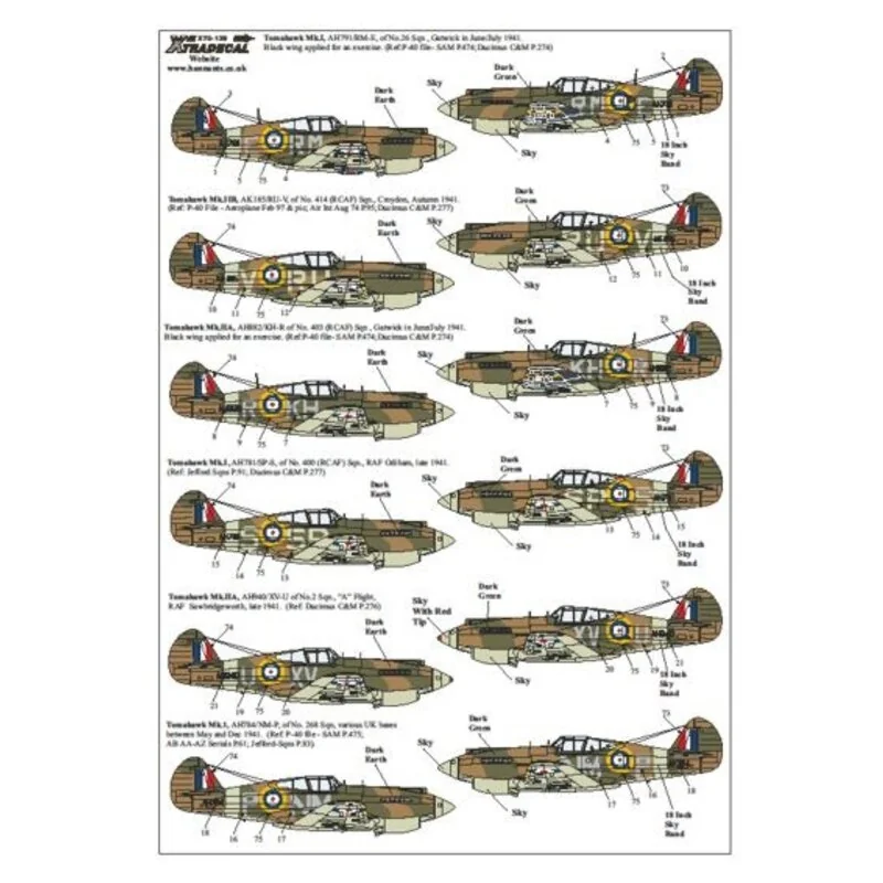 Curtiss P-40B Tomahawk (13) AH179 RM-E 26 Squadron Gatwick 1941; AK185 RU-V 414(RCAF) Squadron Croydon 1941; AH882 KH-A 403(RCAF