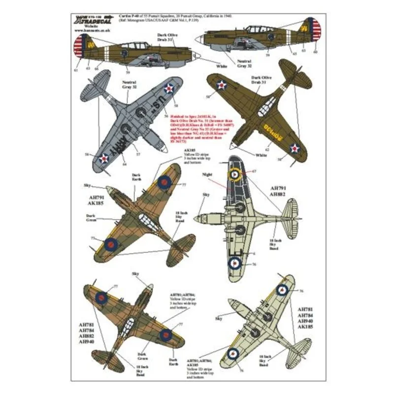 Curtiss P-40B Tomahawk (13) AH179 RM-E 26 Squadron Gatwick 1941; AK185 RU-V 414(RCAF) Squadron Croydon 1941; AH882 KH-A 403(RCAF