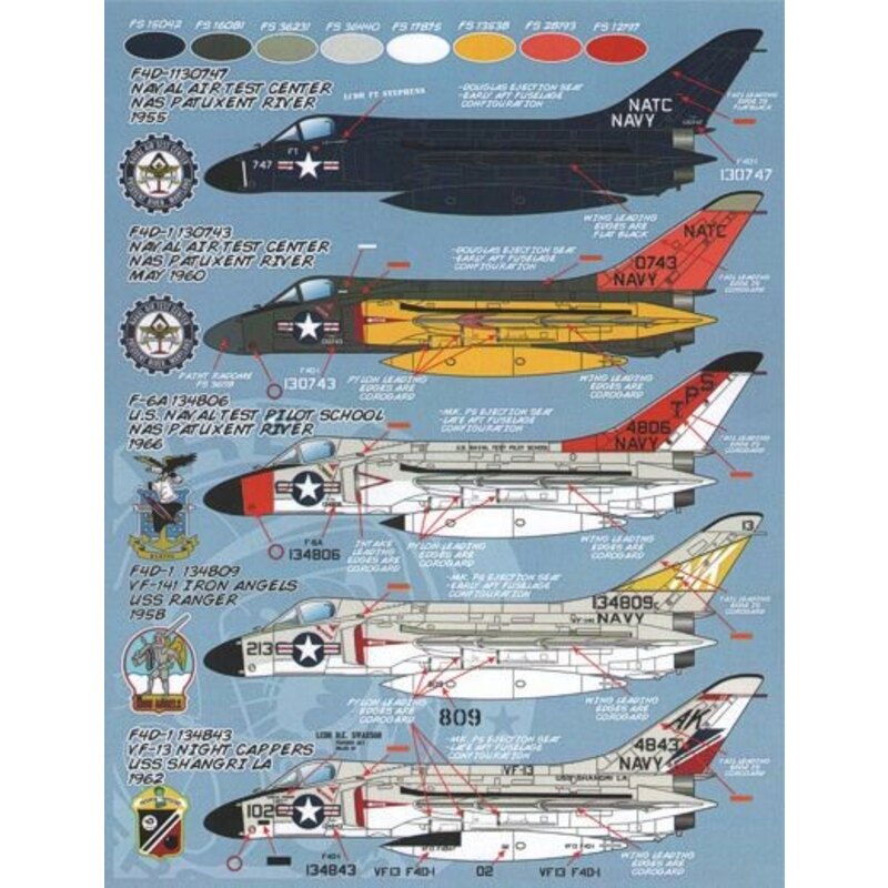 Douglas F4D-1 Skyray Fast Fords (11) F4D-1, 130747 overall GSB 1955 or 130743 grey/yelow/orange 1960 both NATC NAS Pax River; 