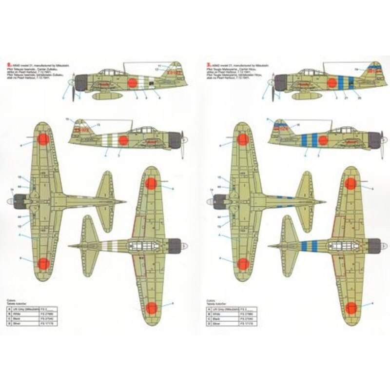 Mitsubishi A6M2 Zero (4) t-101 Pilot Tetsuzo Iwamoto Oppama Air Base 1943; EII-102 Carrier Zuikaku; BII-124 Carrier Hiryu ; BI