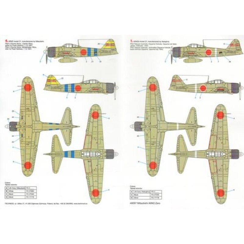 Mitsubishi A6M2 Zero (4) t-101 Pilot Tetsuzo Iwamoto Oppama Air Base 1943; EII-102 Carrier Zuikaku; BII-124 Carrier Hiryu ; BI