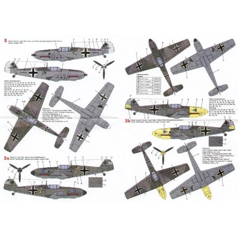 Messerschmitt Bf 109E-4 (4) White 13 3/JG 51 Oblt Walter Oesau yellow nose 8/1940; Black &lt; Stab II/JG 3 Oblt Franz von Werra 