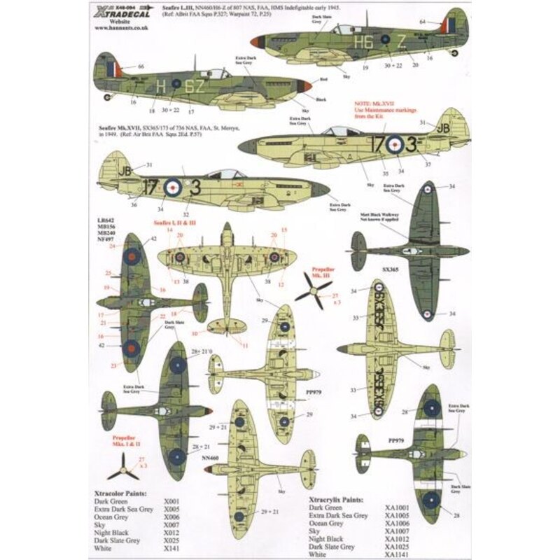 Supermarine Seafire Mks.II/Mk.III/XV/XVII (11) Mk.IIc LR642 8-M 807 NAS HMS Battler 1942; MB249 7-B 880 NAS HMS Indomitable 1943