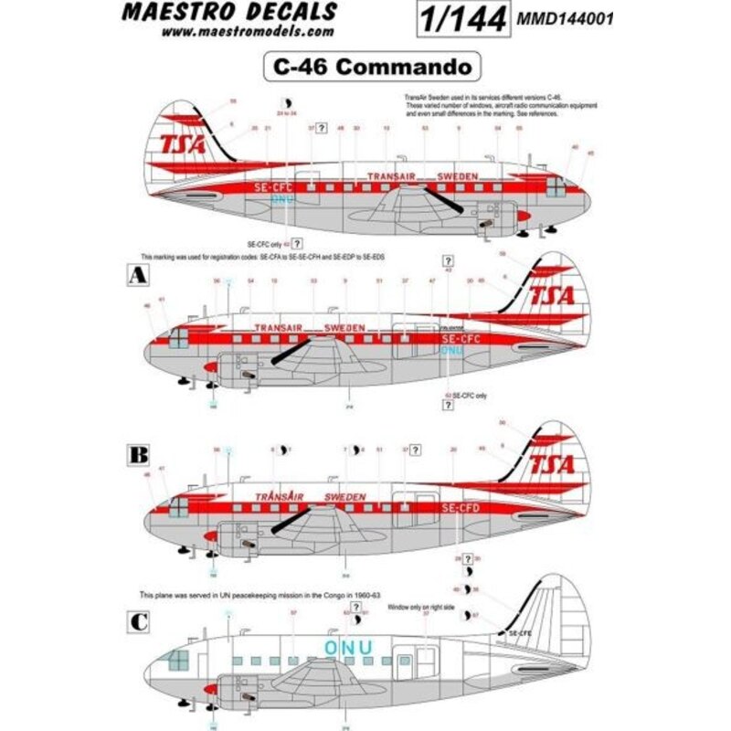 Curtiss C-46 Commando decal TransAir. Decals options to make any of Trans Airs C-46 airframe - in either early or late livery PL